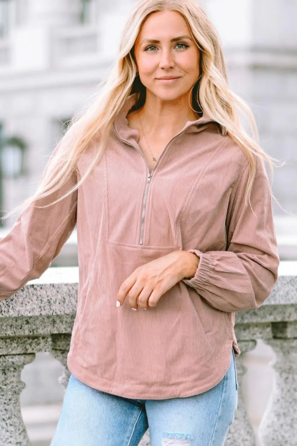 Discount Dear-Lover Ribbed Texture Half Zip Collared Sweatshirt Apricot