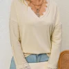 New Dear-Lover Ribbed Texture Lace Trim V Neck Long Sleeve Top Apricot