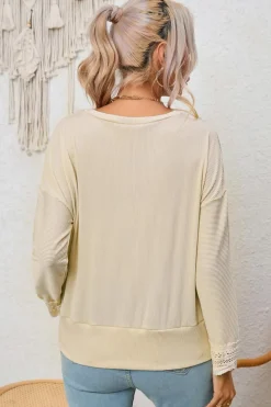 New Dear-Lover Ribbed Texture Lace Trim V Neck Long Sleeve Top Apricot