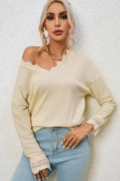 New Dear-Lover Ribbed Texture Lace Trim V Neck Long Sleeve Top Apricot