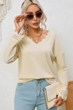 New Dear-Lover Ribbed Texture Lace Trim V Neck Long Sleeve Top Apricot