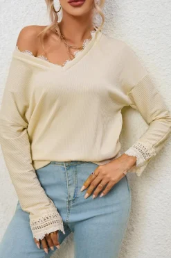 New Dear-Lover Ribbed Texture Lace Trim V Neck Long Sleeve Top Apricot