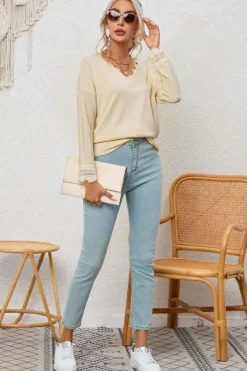 New Dear-Lover Ribbed Texture Lace Trim V Neck Long Sleeve Top Apricot