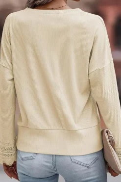 New Dear-Lover Ribbed Texture Lace Trim V Neck Long Sleeve Top Apricot