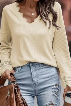 New Dear-Lover Ribbed Texture Lace Trim V Neck Long Sleeve Top Apricot