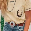 Outlet Dear-Lover RODEO Horseshoe Embroidered Patch Pocket T Shirt Apricot
