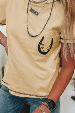 Outlet Dear-Lover RODEO Horseshoe Embroidered Patch Pocket T Shirt Apricot