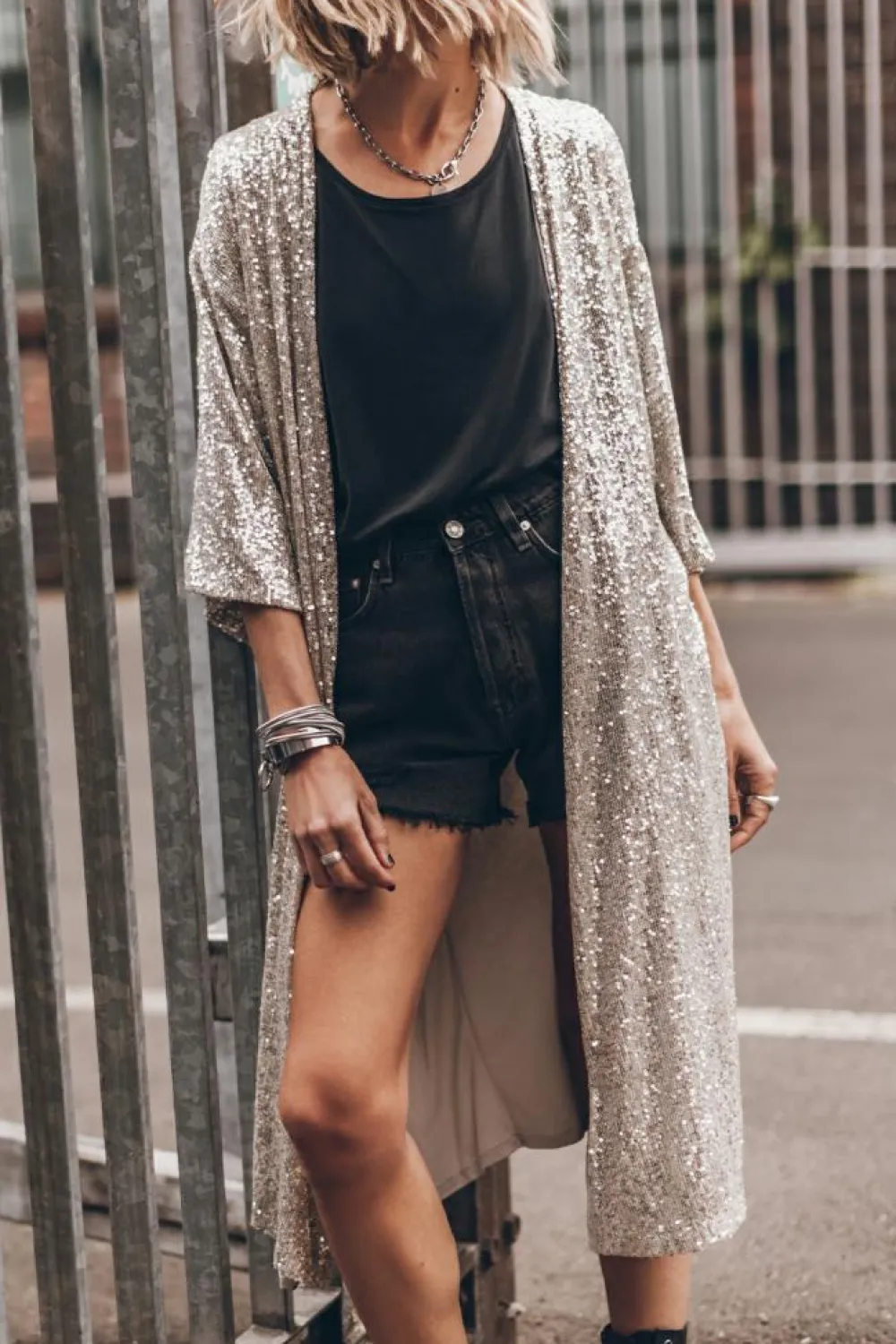Sale Dear-Lover Sequin 3/4 Sleeve Open Front Duster Kimono Apricot