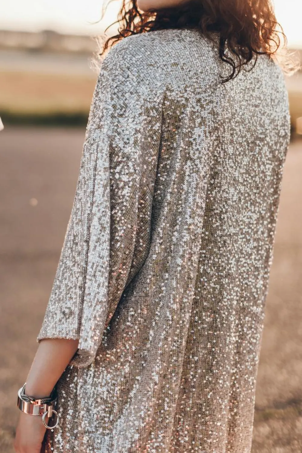 Sale Dear-Lover Sequin 3/4 Sleeve Open Front Duster Kimono Apricot