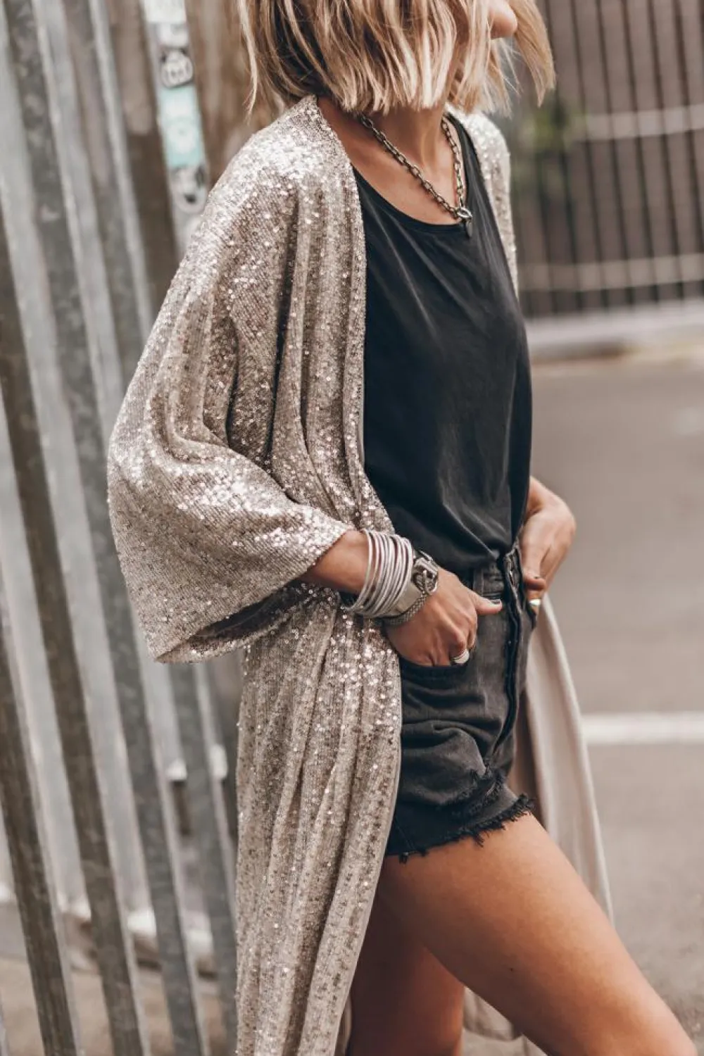Sale Dear-Lover Sequin 3/4 Sleeve Open Front Duster Kimono Apricot