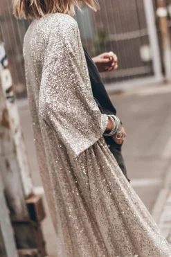 Sale Dear-Lover Sequin 3/4 Sleeve Open Front Duster Kimono Apricot