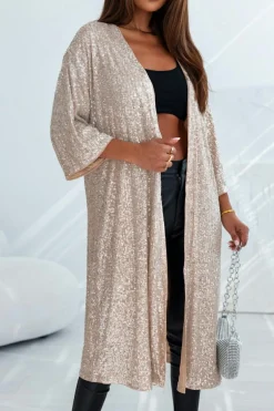 Sale Dear-Lover Sequin 3/4 Sleeve Open Front Duster Kimono Apricot
