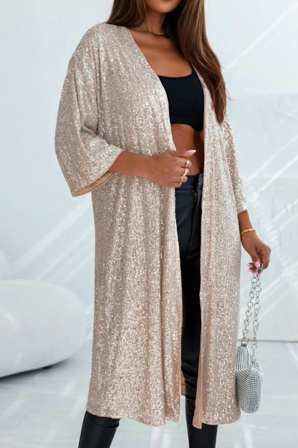 Sale Dear-Lover Sequin 3/4 Sleeve Open Front Duster Kimono Apricot