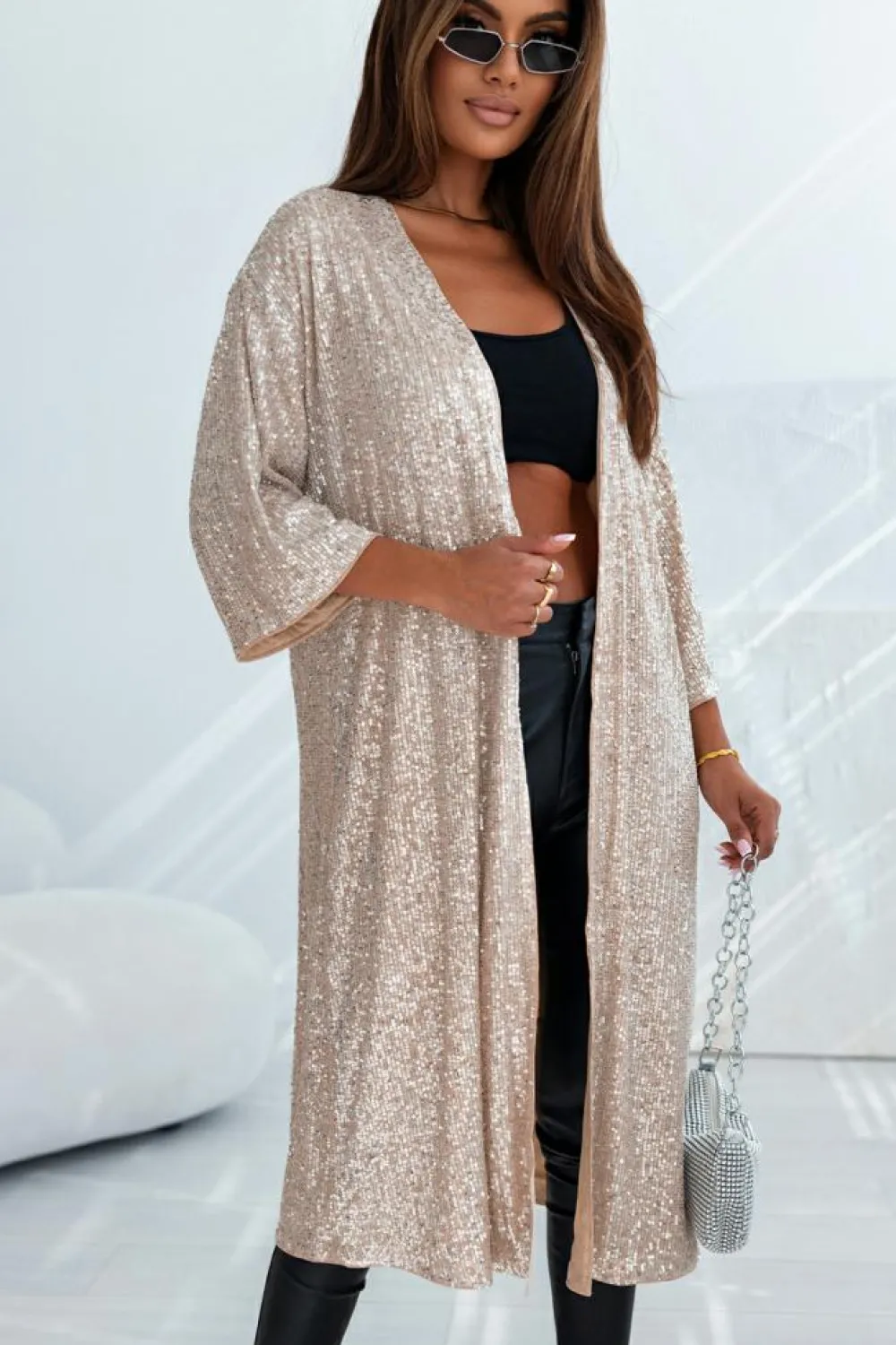 Sale Dear-Lover Sequin 3/4 Sleeve Open Front Duster Kimono Apricot