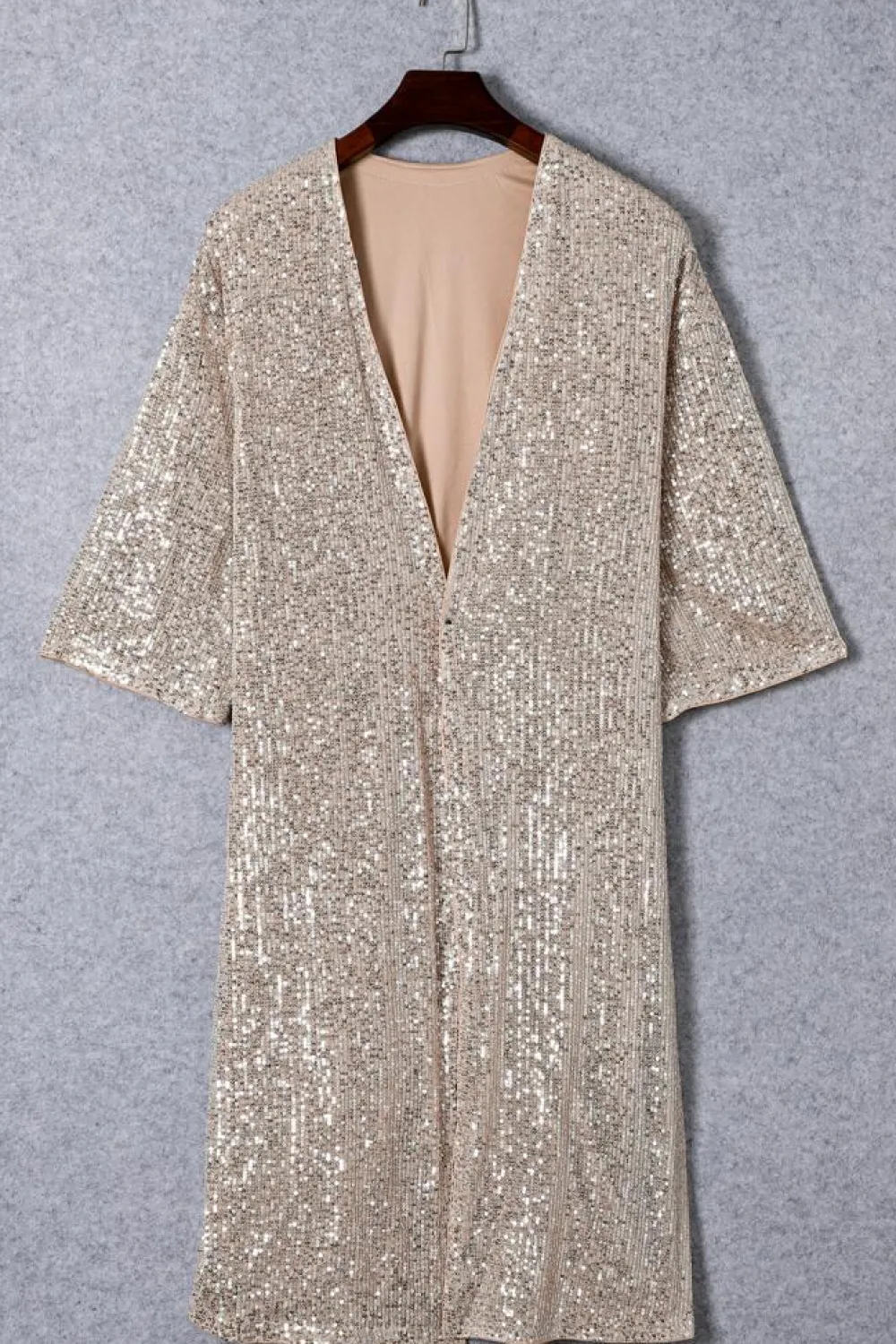 Sale Dear-Lover Sequin 3/4 Sleeve Open Front Duster Kimono Apricot