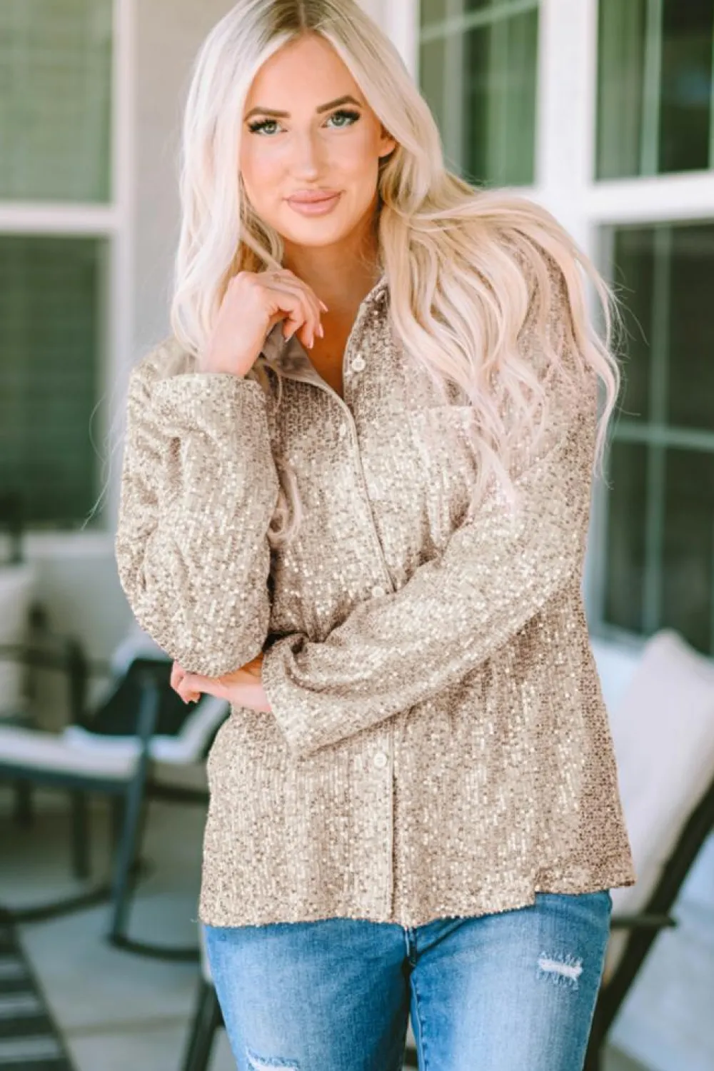Discount Dear-Lover Sequin Collared Bust Pocket Buttoned Shirt Apricot