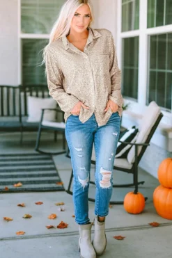 Discount Dear-Lover Sequin Collared Bust Pocket Buttoned Shirt Apricot
