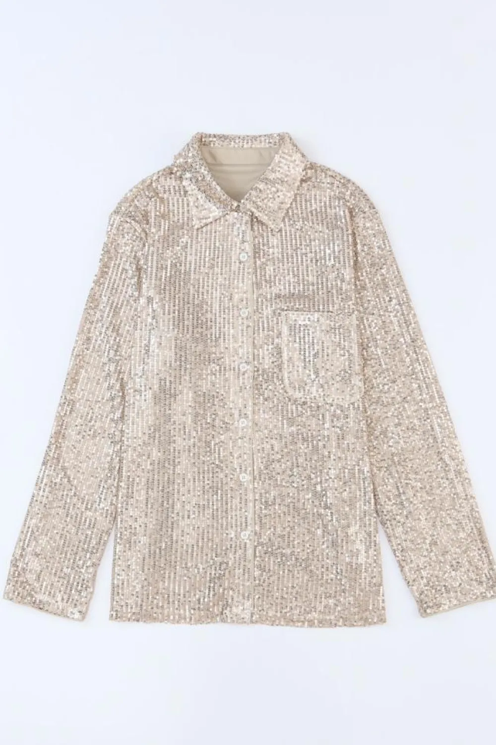 Discount Dear-Lover Sequin Collared Bust Pocket Buttoned Shirt Apricot