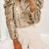 Online Dear-Lover Sequin Mock Neck Bubble Sleeve Top Apricot