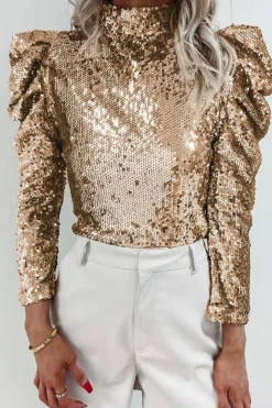 Online Dear-Lover Sequin Mock Neck Bubble Sleeve Top Apricot