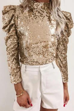 Online Dear-Lover Sequin Mock Neck Bubble Sleeve Top Apricot