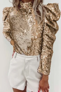 Online Dear-Lover Sequin Mock Neck Bubble Sleeve Top Apricot