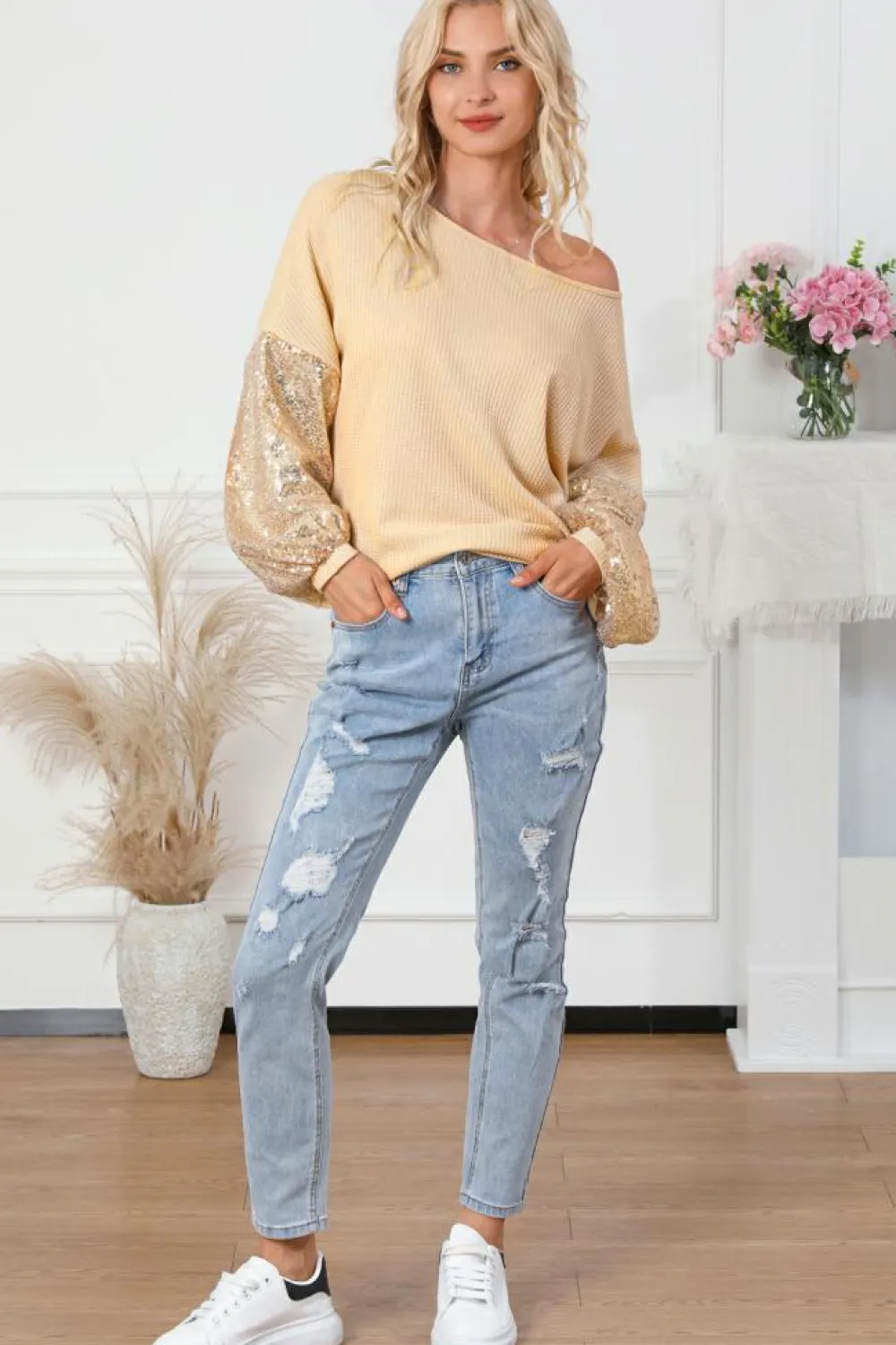 New Dear-Lover Sequin Patchwork Sleeve Open Back Waffle Knit Top Apricot