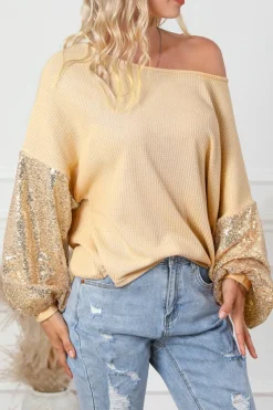 New Dear-Lover Sequin Patchwork Sleeve Open Back Waffle Knit Top Apricot