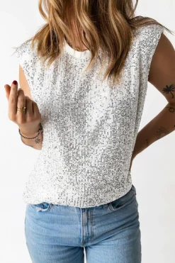 Discount Dear-Lover Sequin Round Neck Tank Top Apricot