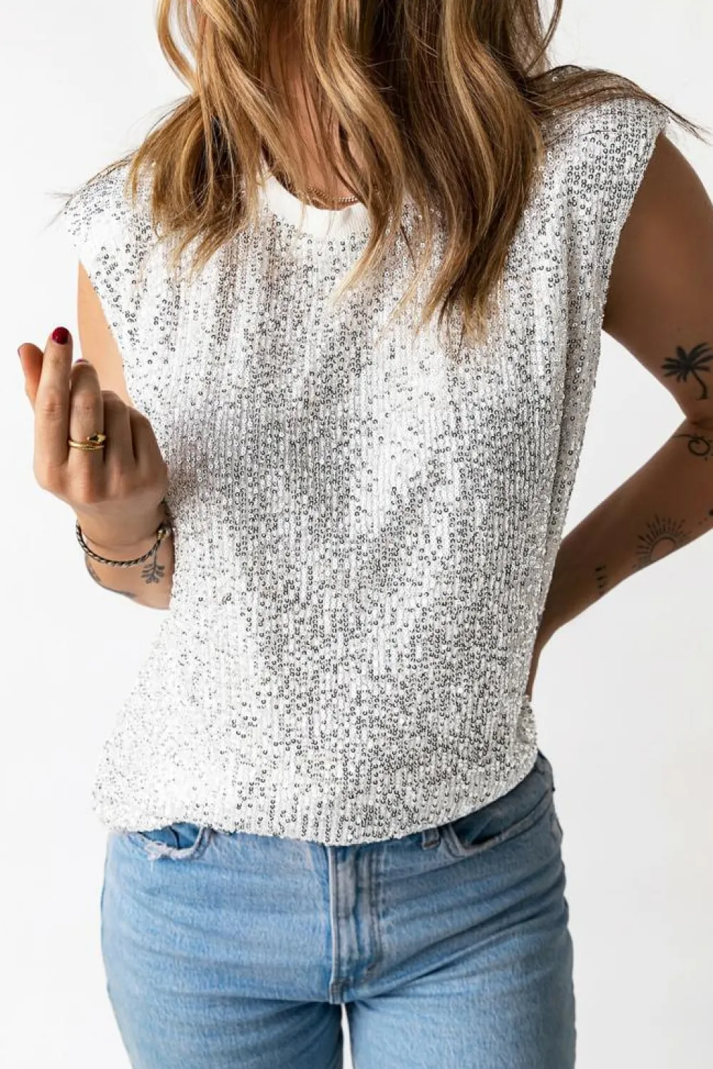 Discount Dear-Lover Sequin Round Neck Tank Top Apricot