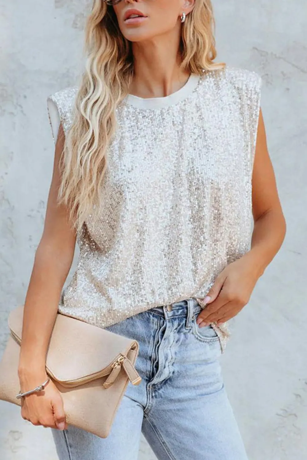 Discount Dear-Lover Sequin Round Neck Tank Top Apricot