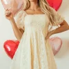 New Dear-Lover Sequined Lace Mesh Bubble Sleeve Square Neck Dress Apricot