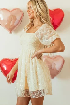 New Dear-Lover Sequined Lace Mesh Bubble Sleeve Square Neck Dress Apricot