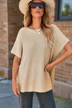 Hot Dear-Lover Short Sleeve Side Slit Oversized Sweater Apricot