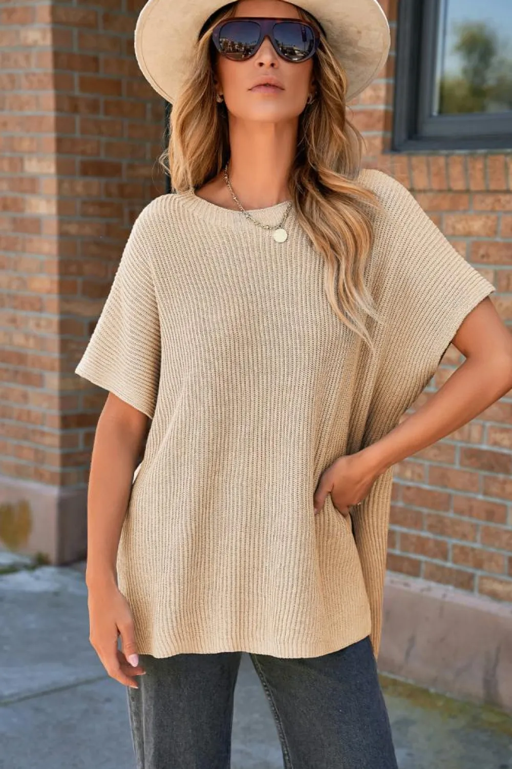 Hot Dear-Lover Short Sleeve Side Slit Oversized Sweater Apricot