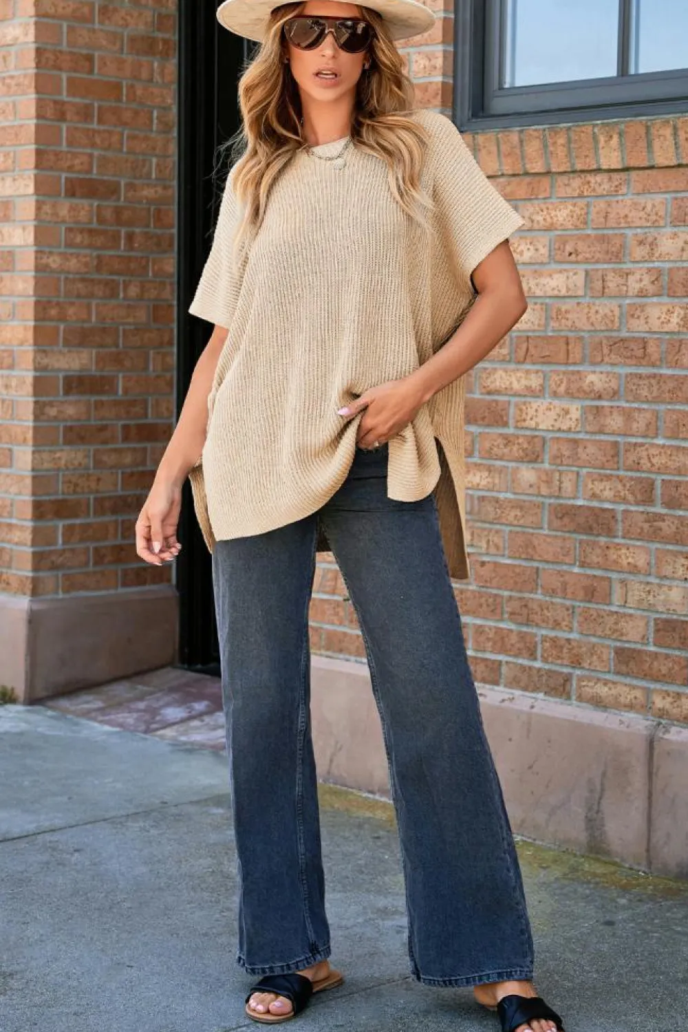 Hot Dear-Lover Short Sleeve Side Slit Oversized Sweater Apricot