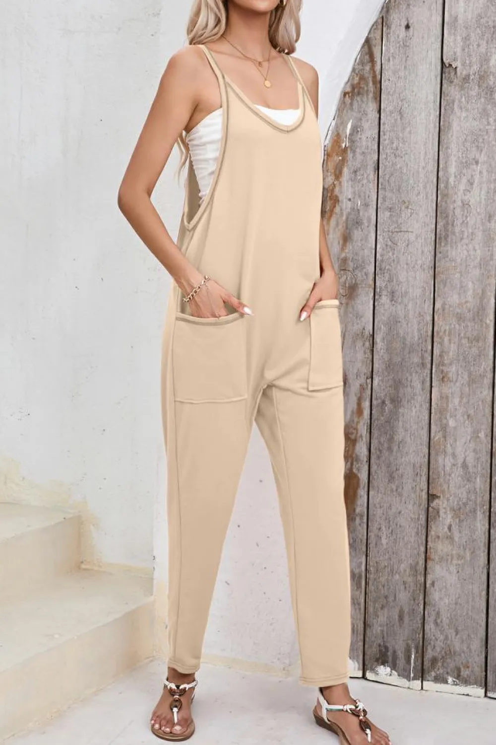 Online Dear-Lover Side Pockets Harem Pants Sleeveless V Neck Jumpsuit Apricot