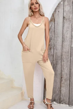 Online Dear-Lover Side Pockets Harem Pants Sleeveless V Neck Jumpsuit Apricot