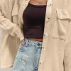 New Dear-Lover Solid Color Corduroy Buttoned Long Sleeve Shacket Apricot