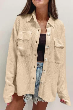 New Dear-Lover Solid Color Corduroy Buttoned Long Sleeve Shacket Apricot