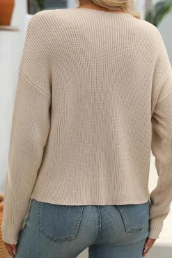 New Dear-Lover Solid Color Drop Shoulder Chest Pocket Sweater Apricot