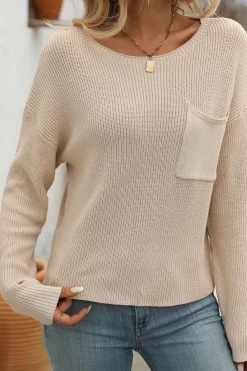 New Dear-Lover Solid Color Drop Shoulder Chest Pocket Sweater Apricot