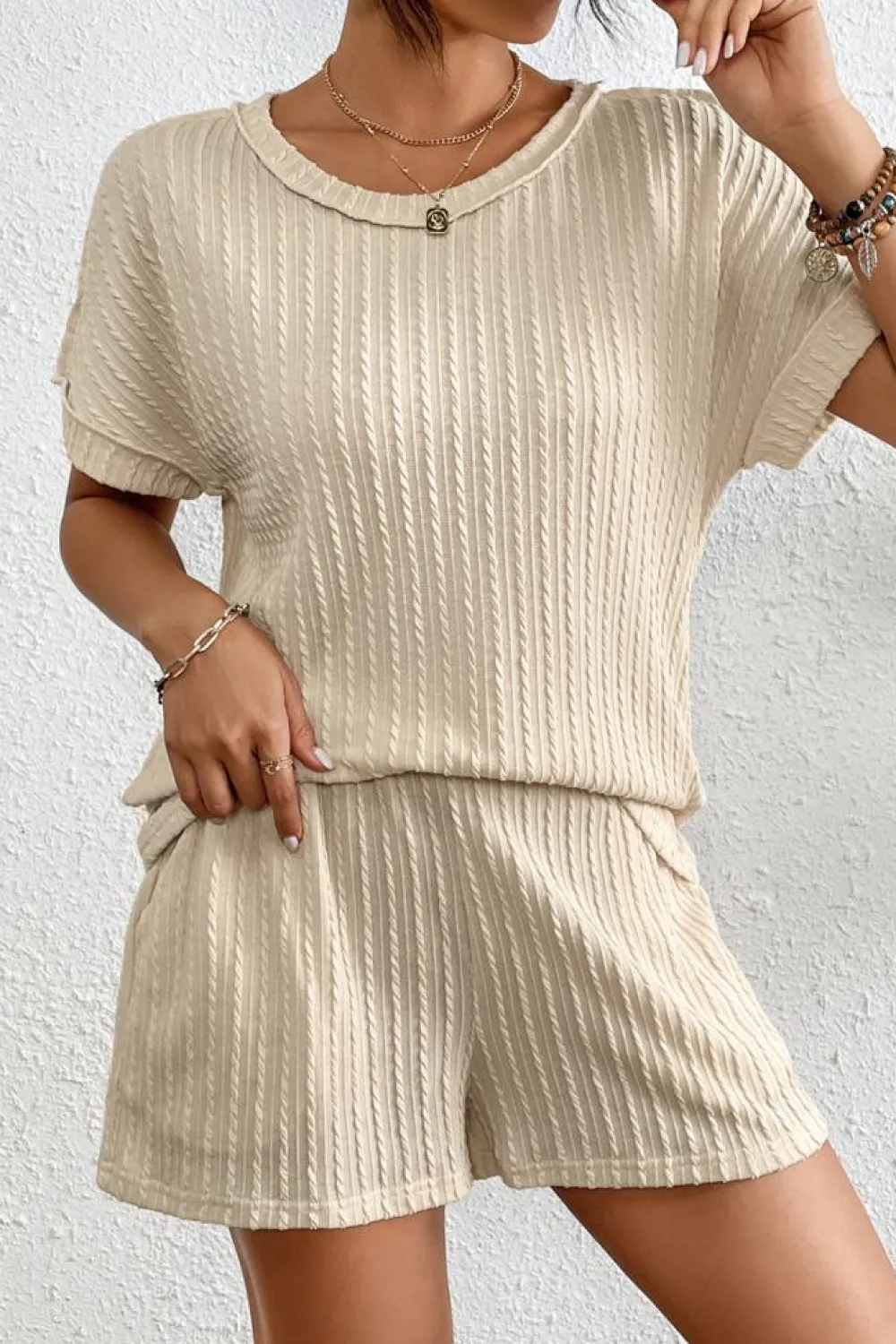Clearance Dear-Lover Solid Color Textured T Shirt 2 Piece Shorts Set Apricot
