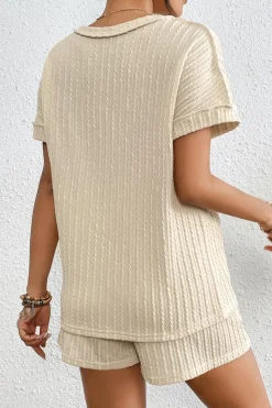 Clearance Dear-Lover Solid Color Textured T Shirt 2 Piece Shorts Set Apricot