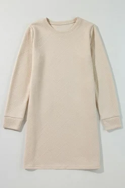New Dear-Lover Solid Color Textured Long Sleeve Shift Dress Apricot