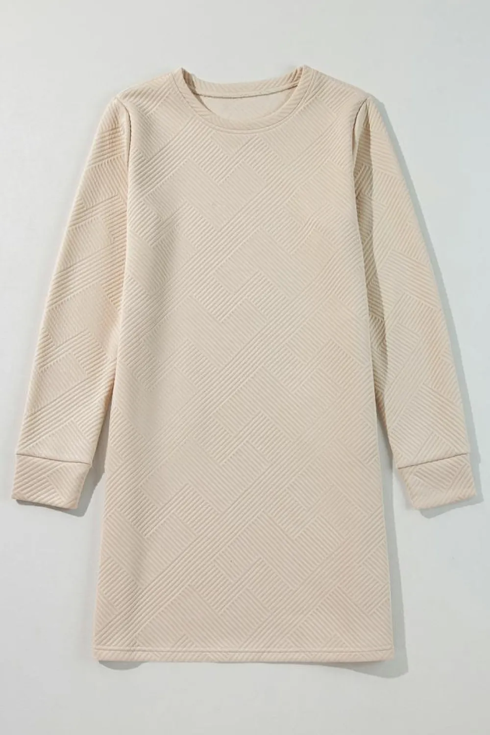 New Dear-Lover Solid Color Textured Long Sleeve Shift Dress Apricot