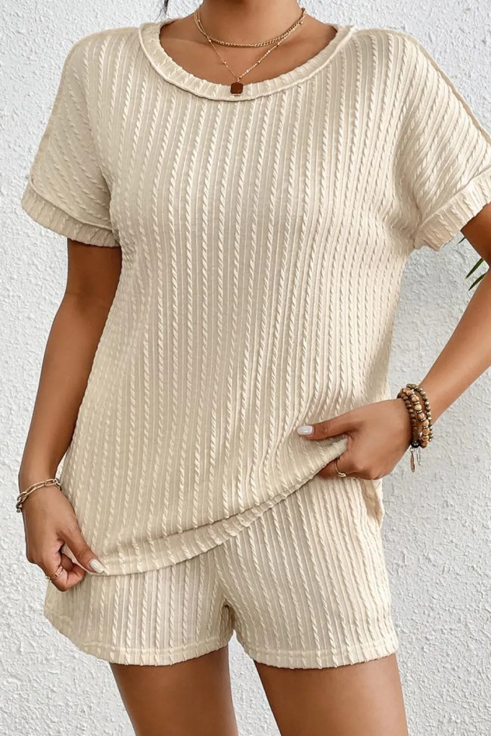 Clearance Dear-Lover Solid Color Textured T Shirt 2 Piece Shorts Set Apricot