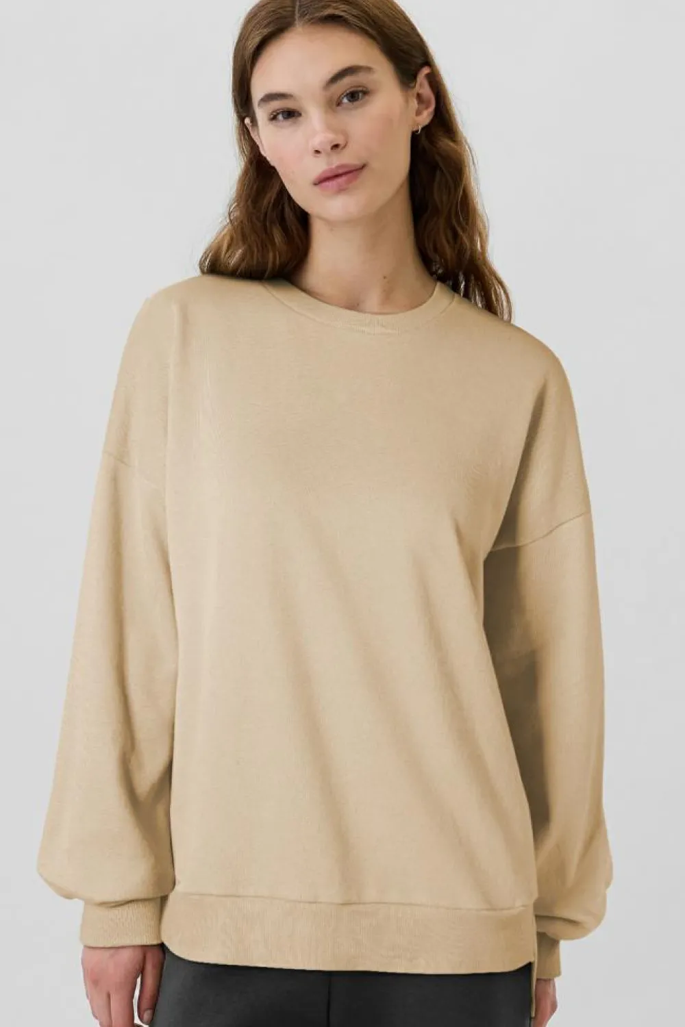 Hot Dear-Lover Solid Fleece Lined Drop Shoulder High Low Sweatshirt Apricot