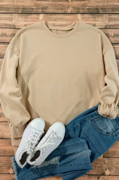 Hot Dear-Lover Solid Fleece Lined Drop Shoulder High Low Sweatshirt Apricot
