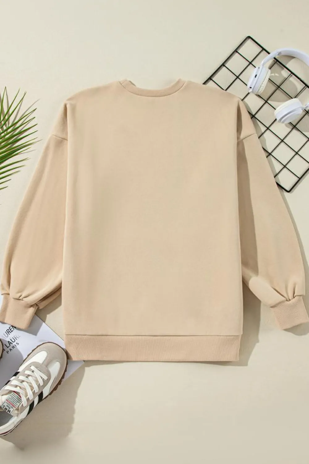 Hot Dear-Lover Solid Fleece Lined Drop Shoulder High Low Sweatshirt Apricot